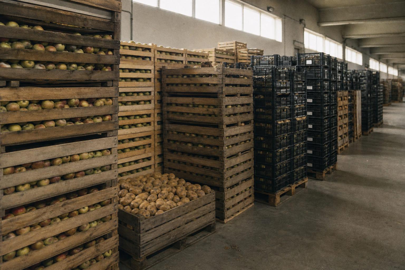 Stacked timber and plastic crates of harvested produce on pallets inside a cold-chain packing facility.